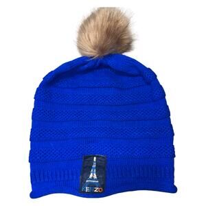KENZO Royal Blue Ribbed Knit Beanie with a Faux Fur Pom Pom